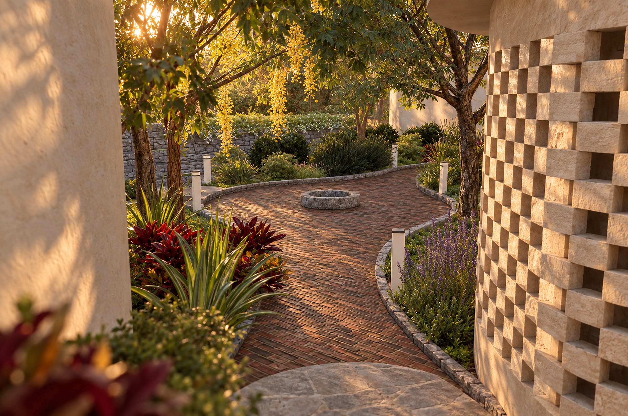 A planted courtyard path seen through a pierced stone screen wall in daylight.